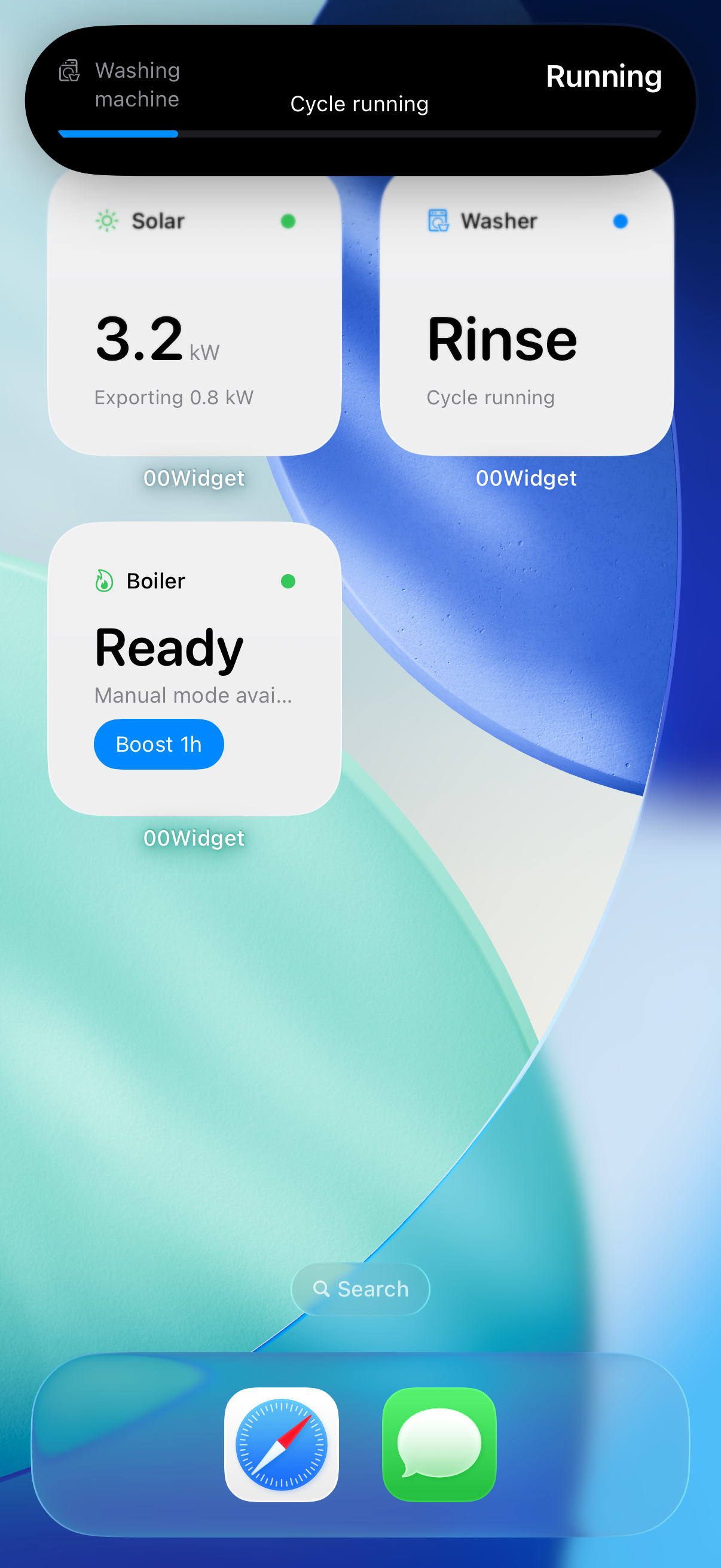 iPhone Home Screen showing 00Widget widgets and a running Live Activity in the Dynamic Island.