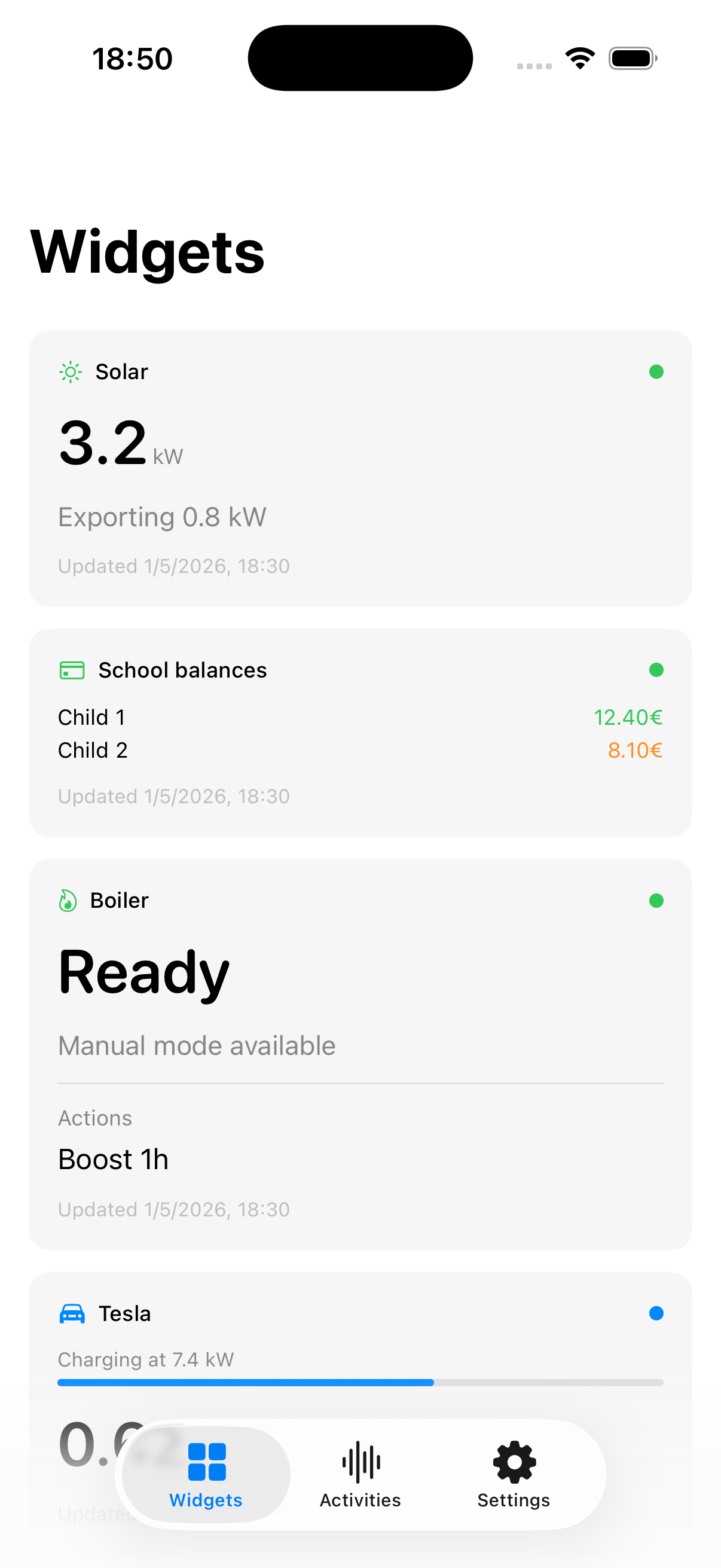 00Widget app showing widget cards for solar, school balances, boiler, and Tesla charging.