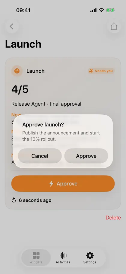 The Launch card open in 00Widget at 4 of 5, marked Needs you, with an Approve button and a confirmation dialog asking before the action runs.