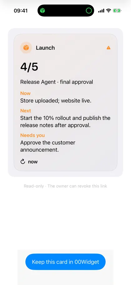 The same Launch card opened from that code as an App Clip, showing 4 of 5 with its Now, Next, and Needs you detail, labelled read-only and revocable by the owner.