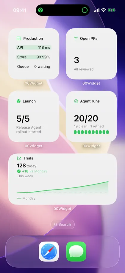 The same iPhone Home Screen after approval: Launch reads 5 of 5, Release Agent says rollout started, and the compact Dynamic Island is green to show completion.