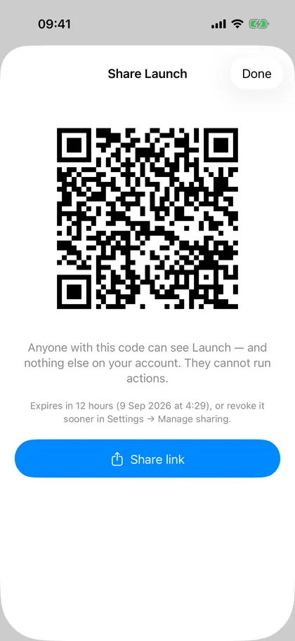 The Share Launch sheet in 00Widget: a QR code, a note that anyone with the code can see Launch and nothing else and cannot run actions, and an expiry that can be revoked in Settings.