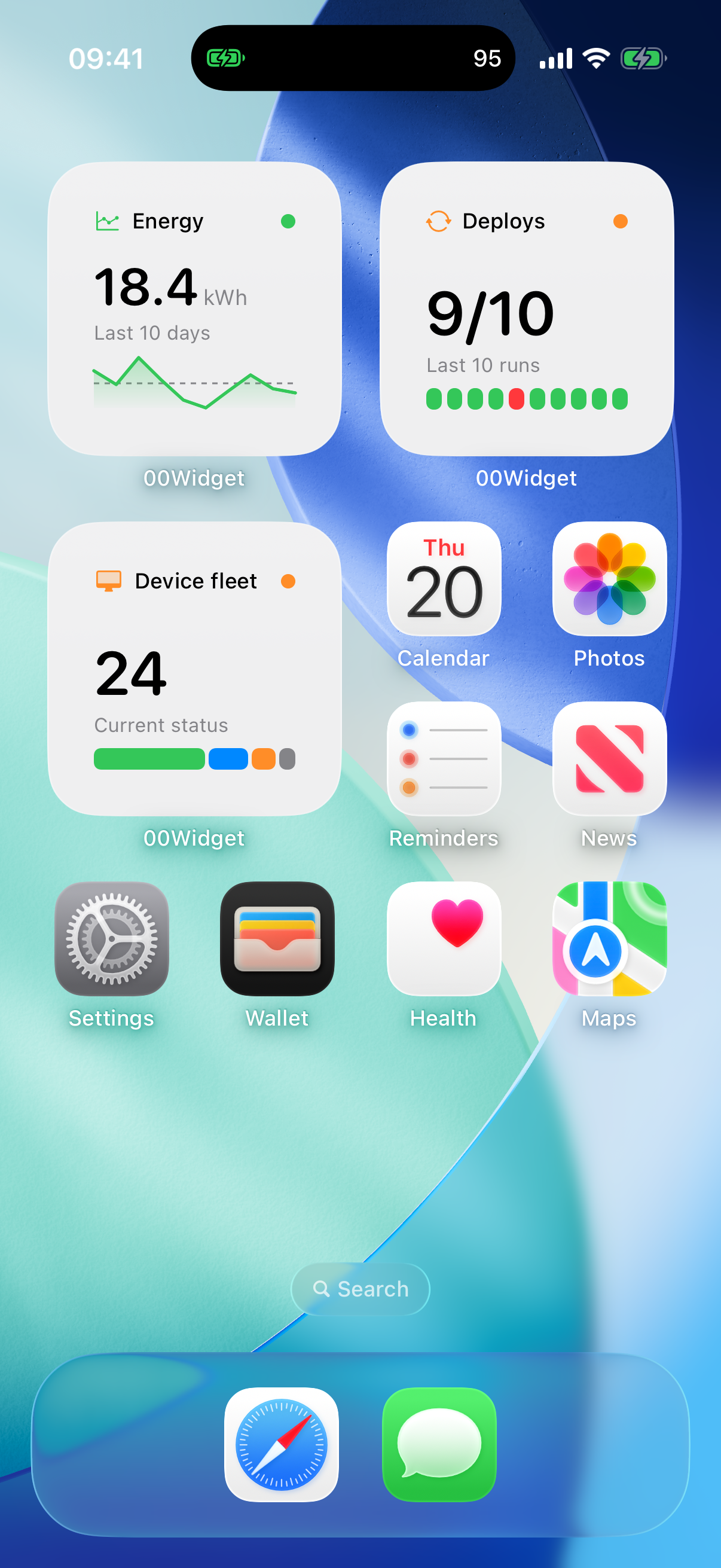 iPhone Home Screen with 00Widget widgets for energy, deploys, and device fleet status.