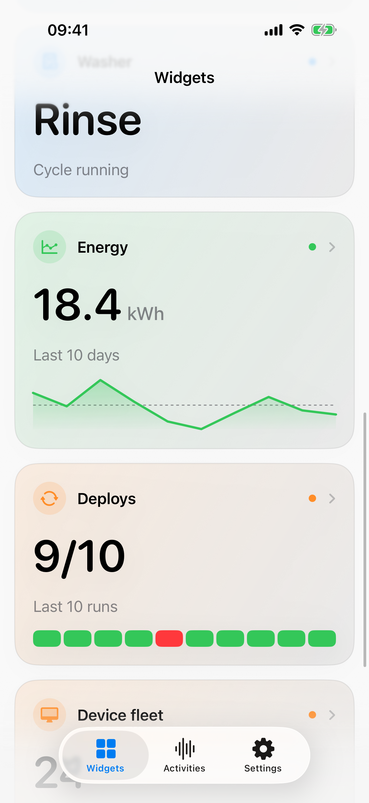 00Widget dashboard showing an energy trend and recent deployment outcomes.