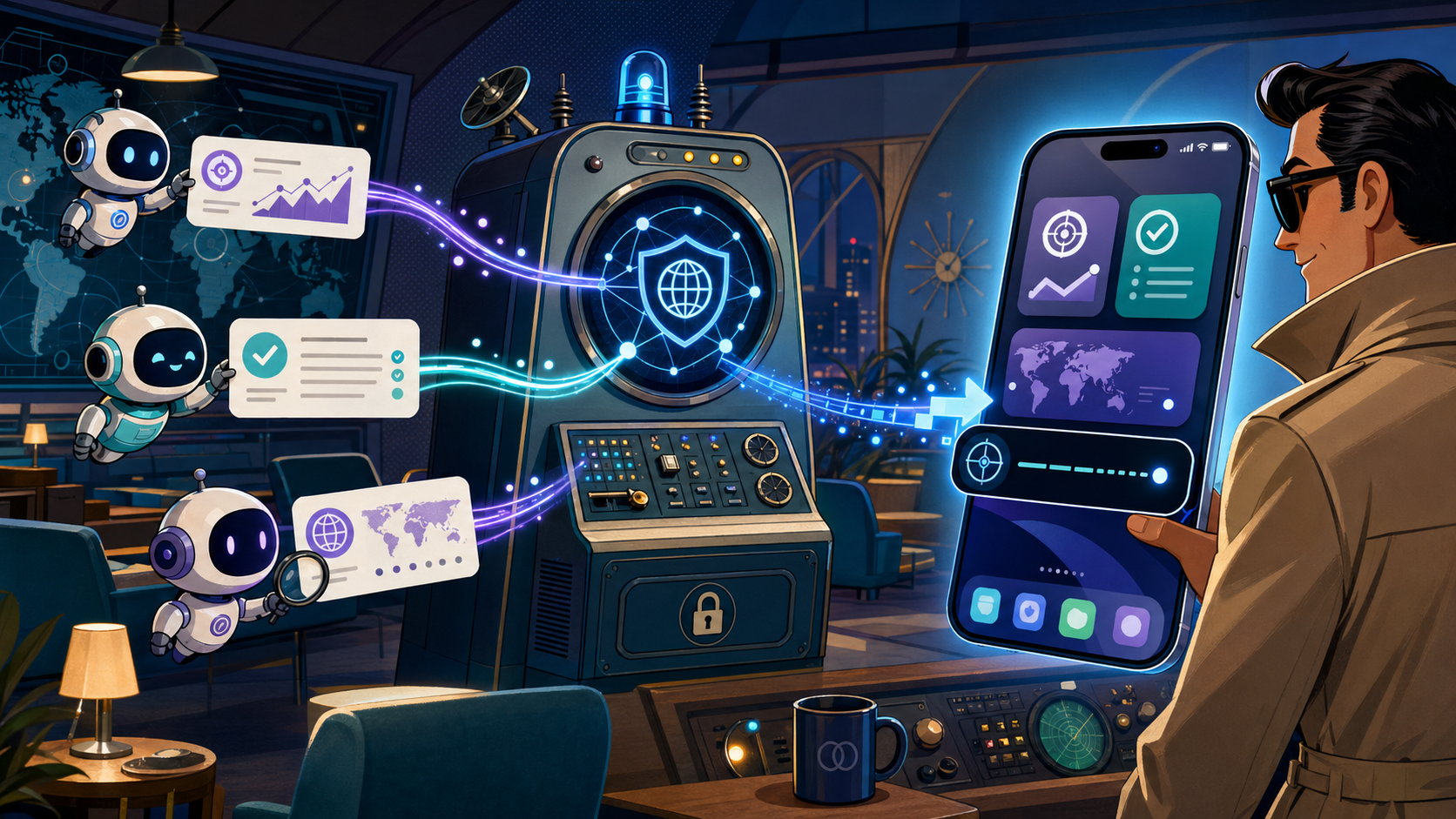Cartoon spy control room where agents and automations send mission updates into iPhone widgets.
