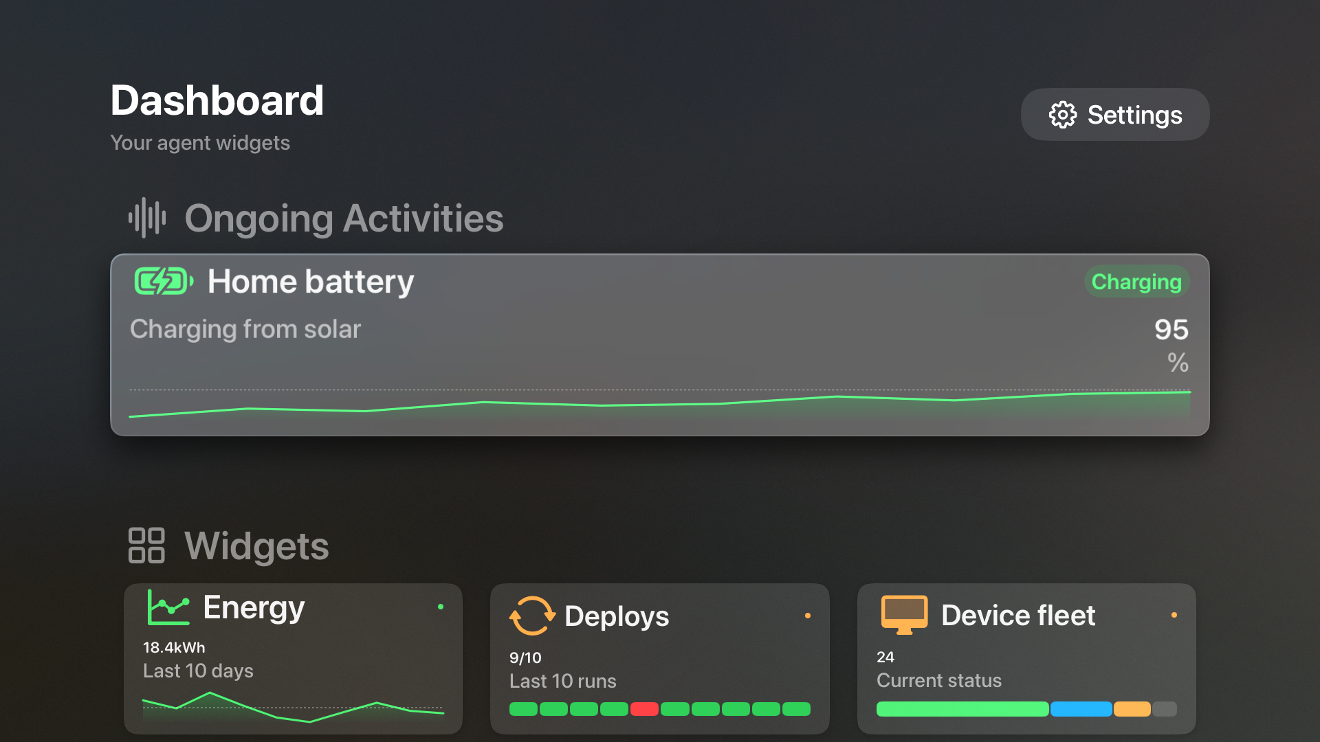 Apple TV dashboard showing a running home battery activity, energy history, deployment outcomes, and device fleet status.